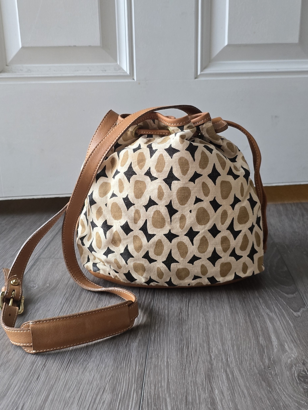 Boho Canvas Leather Bucket Bag Crossbody Drawstring Brass Hardware Camel Earthy